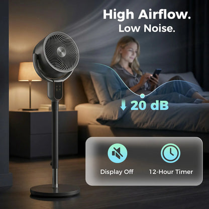 20dB Standing Fan for Bedroom, 70°+90° Auto Oscillating Fan with 8 Speeds, Remote Control, 12H Timer, Adjustable Height Stand Fans at Gallery Canada