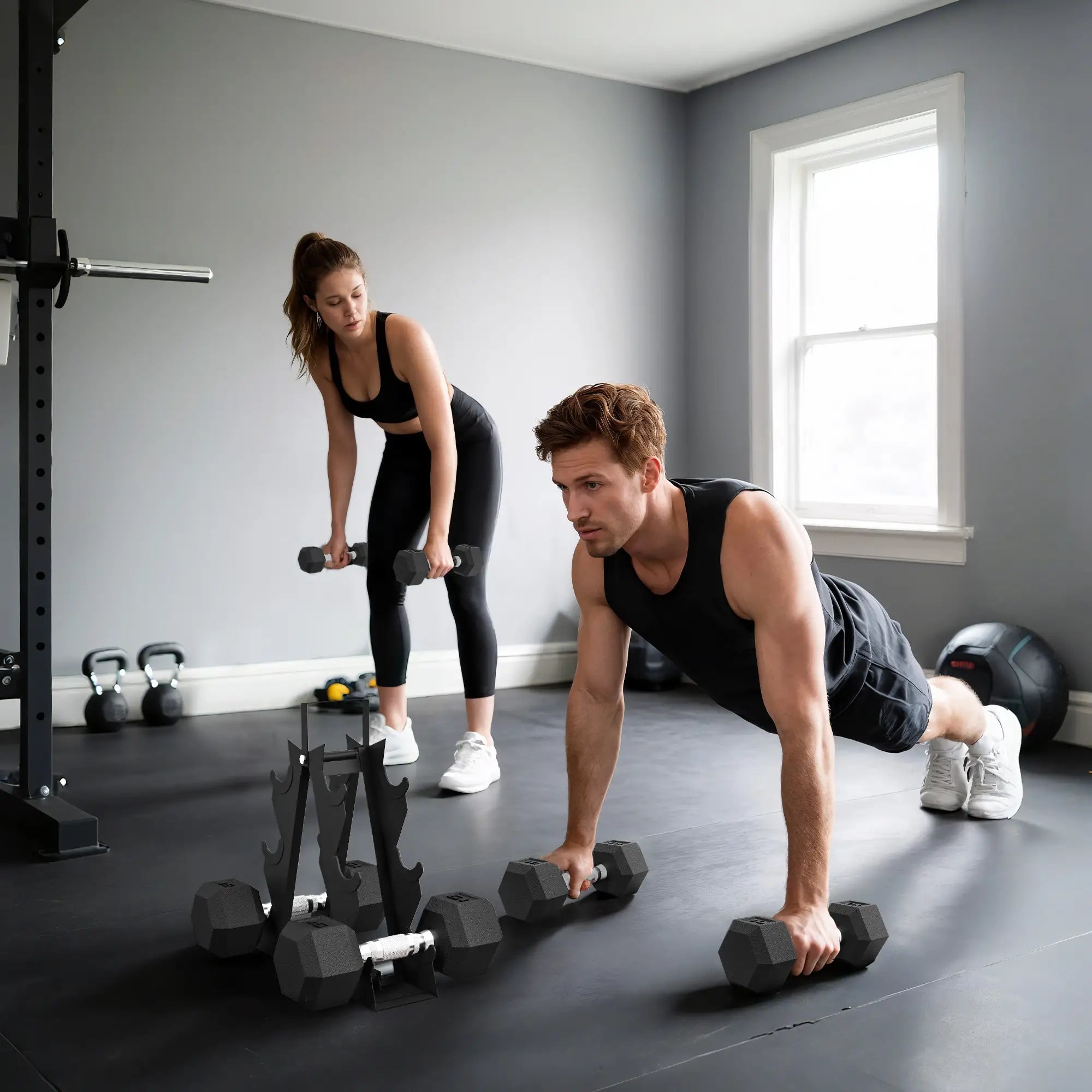 60 LBS Hex Dumbbell Set with Rack, Non-Slip Handles, Rubber Coated Dumbbells & Barbells at Gallery Canada