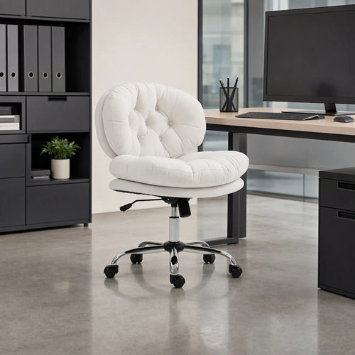 Armless Office Chair, Wide Padded Seat, Adjustable Height, Cream White