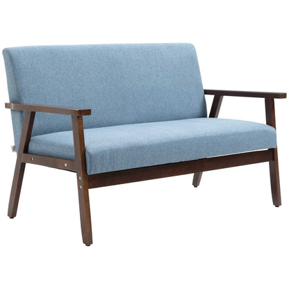 Compact Loveseat Sofa, Linen Fabric, Rubber Wood Legs, Blue