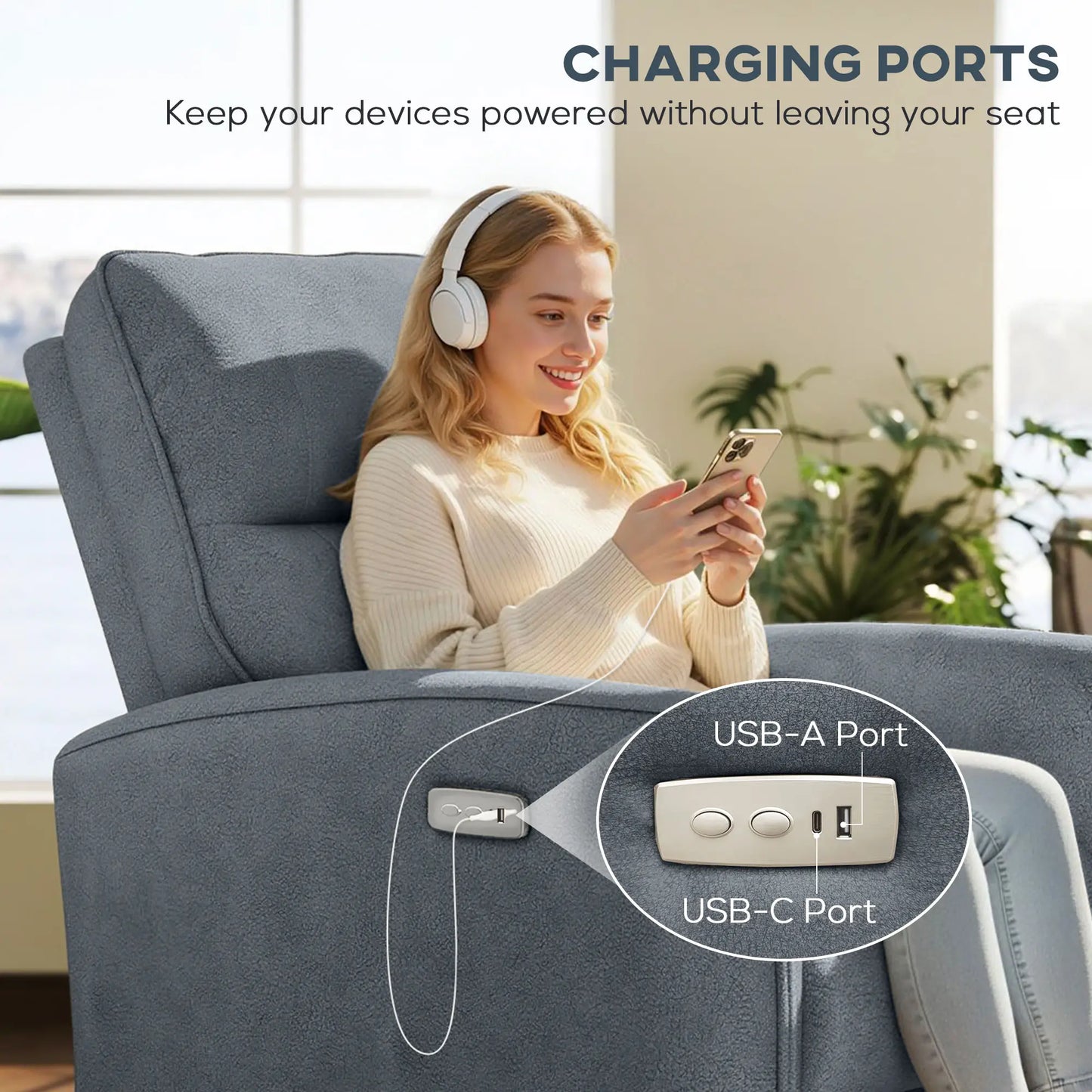 Fabric Recliner Chair, USB Ports, Footrest, Charcoal Grey Sofas & Reclining Chairs at Gallery Canada