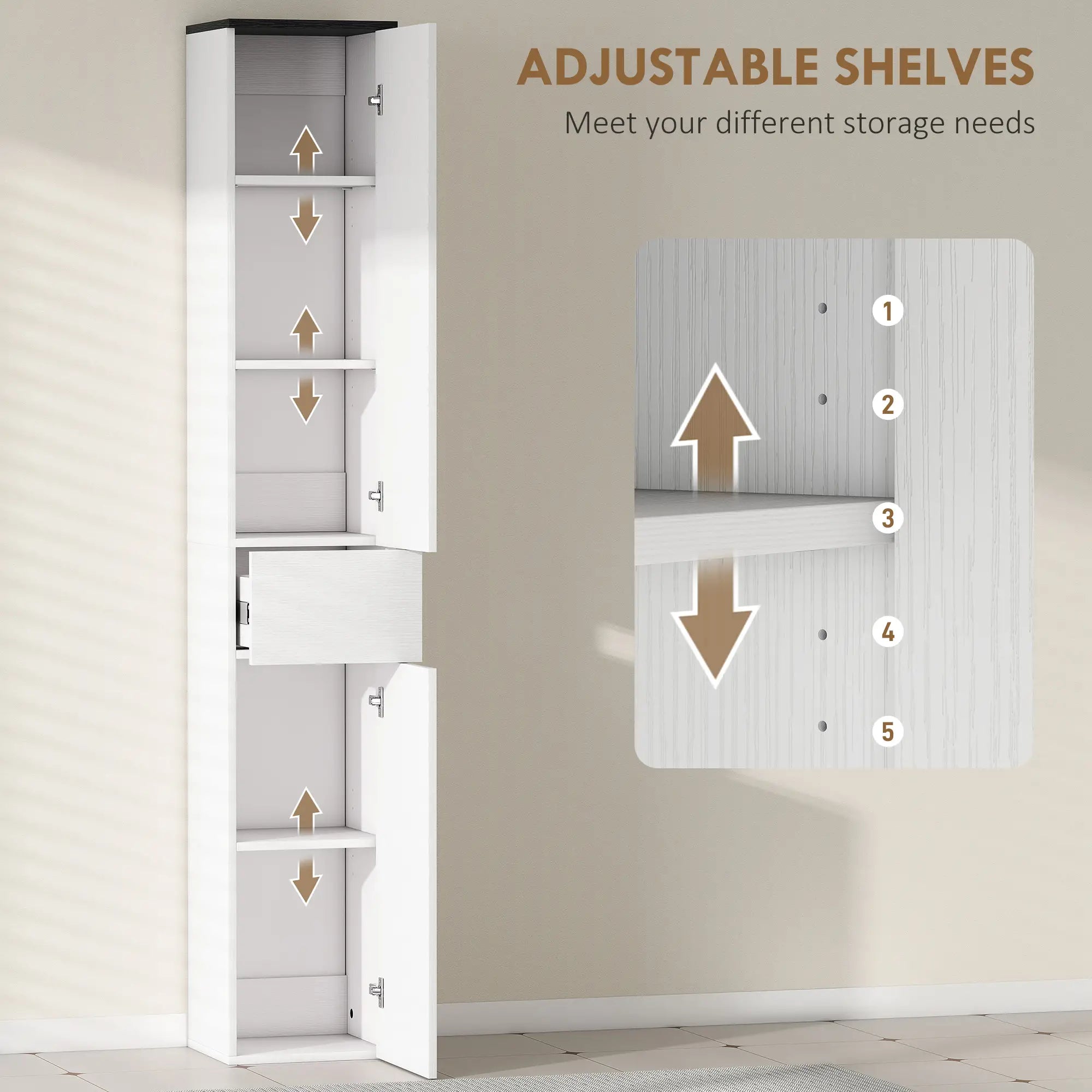 Tall Bathroom Cabinet, 2 Cupboards And Drawer, Adjustable Shelves, White Freestanding Bathroom Cabinets at Gallery Canada
