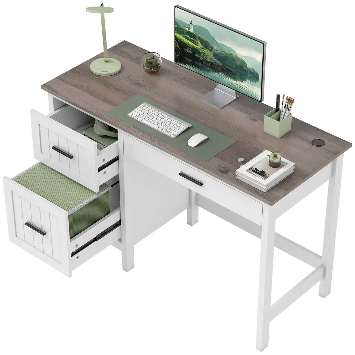 Farmhouse Computer Desk, 3 Drawers, Wood Grain Top, White Computer Desks White at Gallery Canada