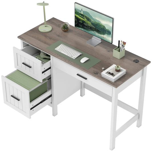 Farmhouse Computer Desk, 3 Drawers, Wood Grain Top, White Computer Desks White at Gallery Canada