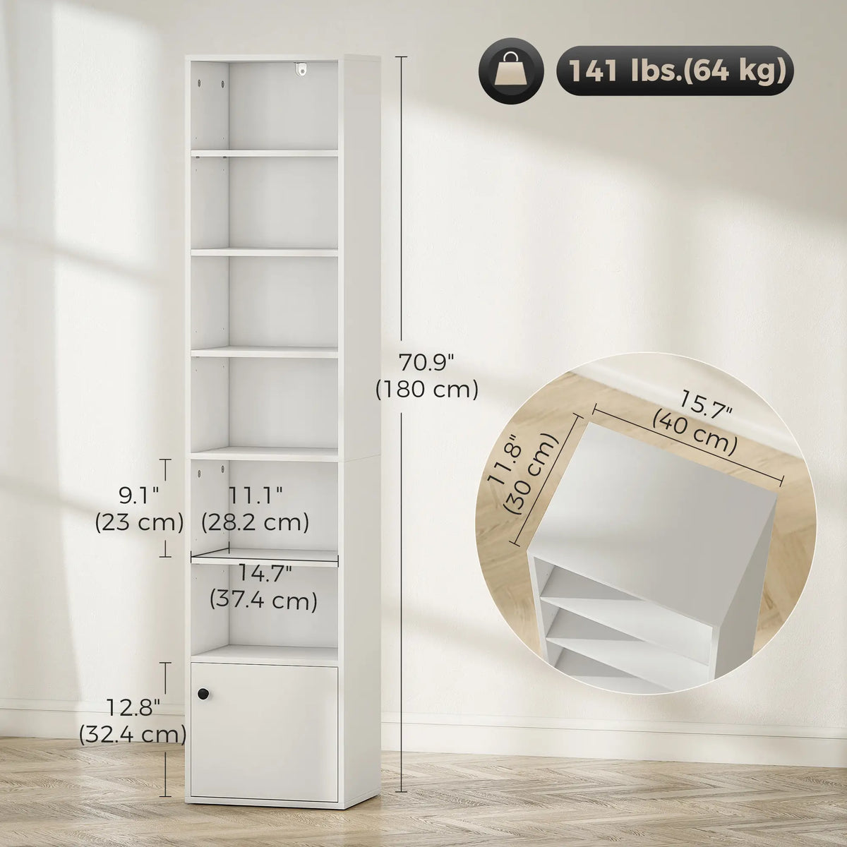 7-Tier Bookcase, Display Shelf with Cabinet, White Display Bookshelves at Gallery Canada