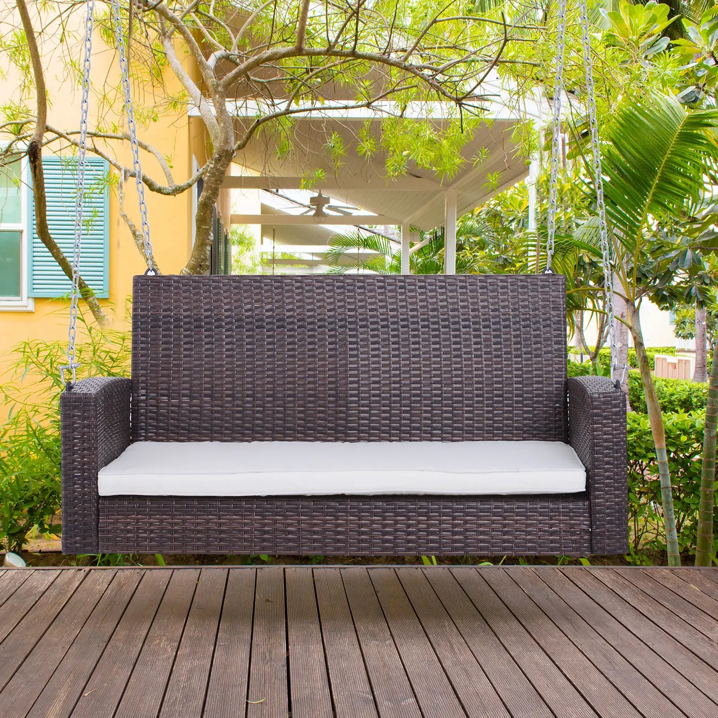 2-Person Patio Swing, Outdoor Rattan Hanging Bench with Cushion, 7.2 ft, Beige Hanging Porch Swings at Gallery Canada