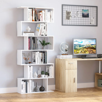 76" 6-Tier Geometric Wooden Bookcase, S Shaped Storage Shelf, White Display Bookshelves at Gallery Canada