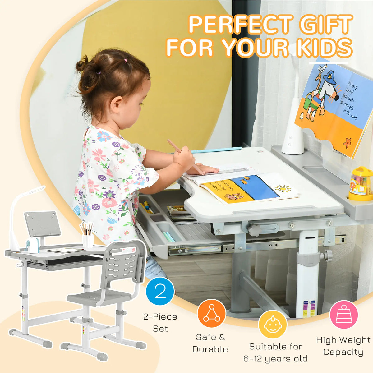 Adjustable Kids Desk and Chair Set, Student Study Table, Grey Kids Desk Sets at Gallery Canada