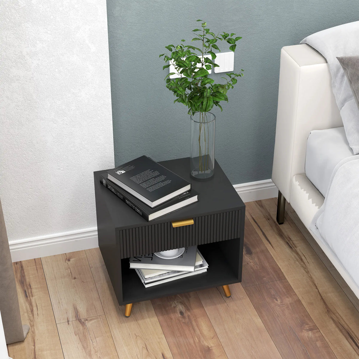 Modern Nightstand with Drawer, Open Compartment, Black Bedside Tables at Gallery Canada