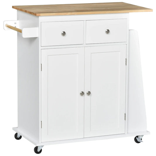 Rolling Kitchen Island Cart, Rubber Wood Top, 3-Tier Spice Rack, White Kitchen Islands & Kitchen Carts White, Nature at Gallery Canada