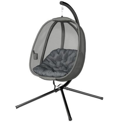 Hanging Egg Chair, Outdoor Swing with Stand, Folding Basket, Grey Patio Swings with Stand Black, Grey at Gallery Canada