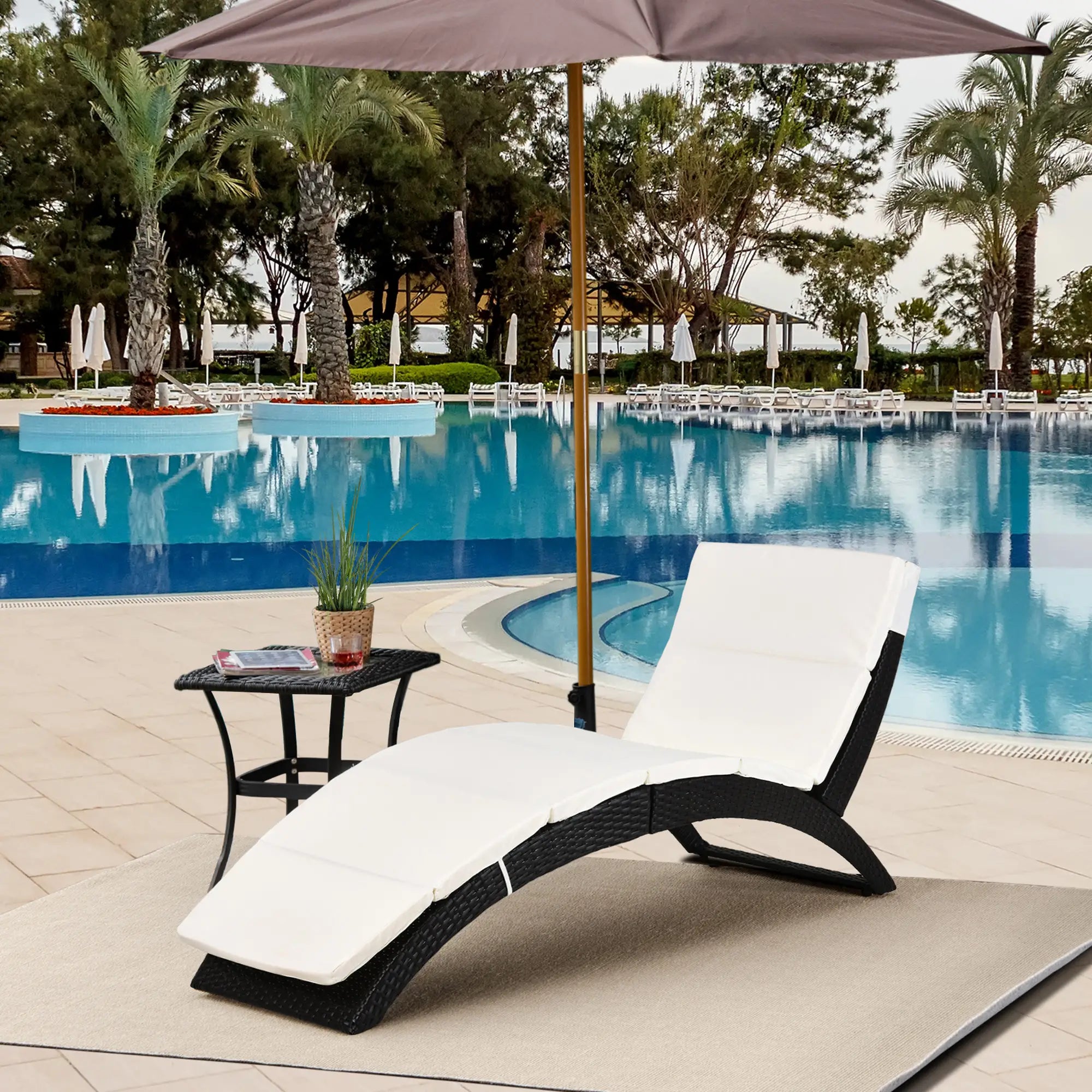 Foldable Rattan Chaise Lounge, Reclining Backrest, PE Wicker, Outdoor, Beige Chaise Loungers at Gallery Canada