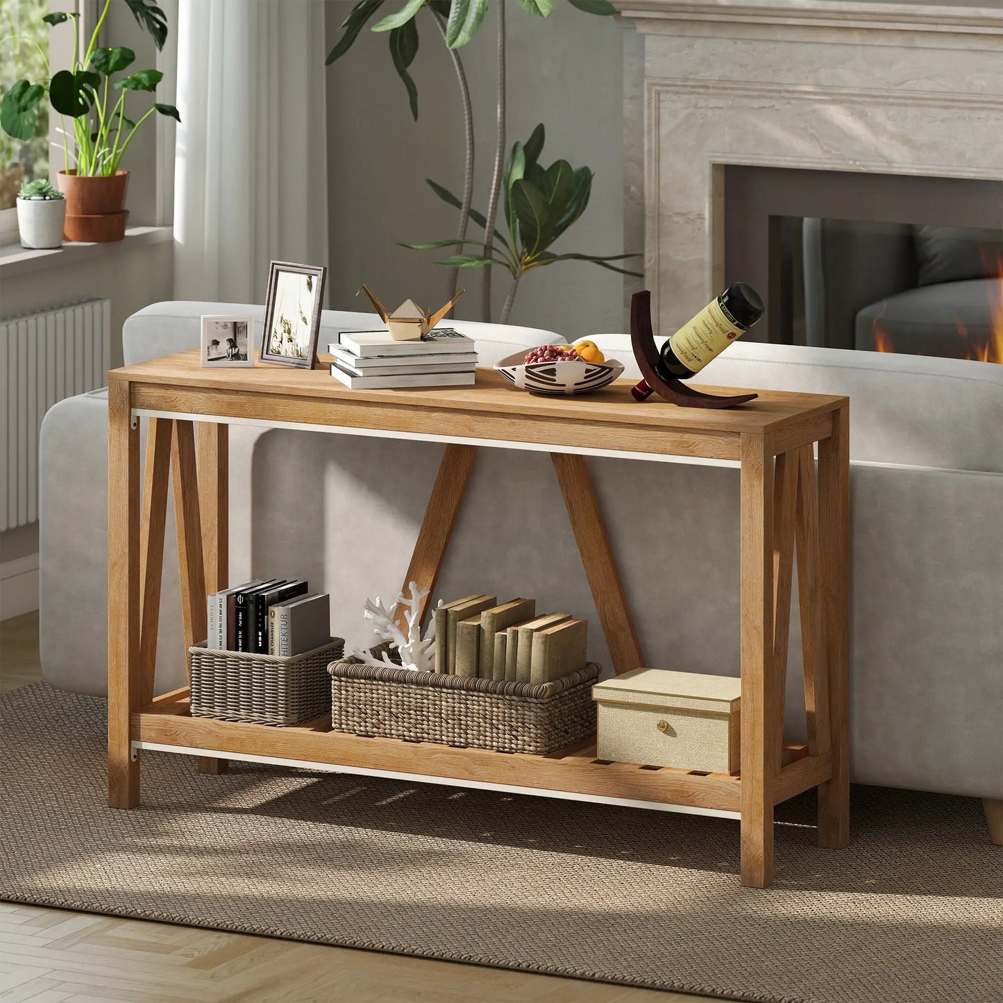 Farmhouse Console Table with Storage Shelf, Rustic Sofa Table, Brown Console Tables at Gallery Canada