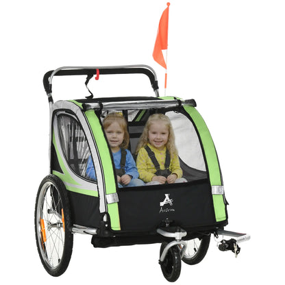 2 Seat Bike Trailer, Double Jogging Stroller, Handbrake, Rubber Wheels, Green Kids Bike Trailers Green, Grey, Black, Silver at Gallery Canada