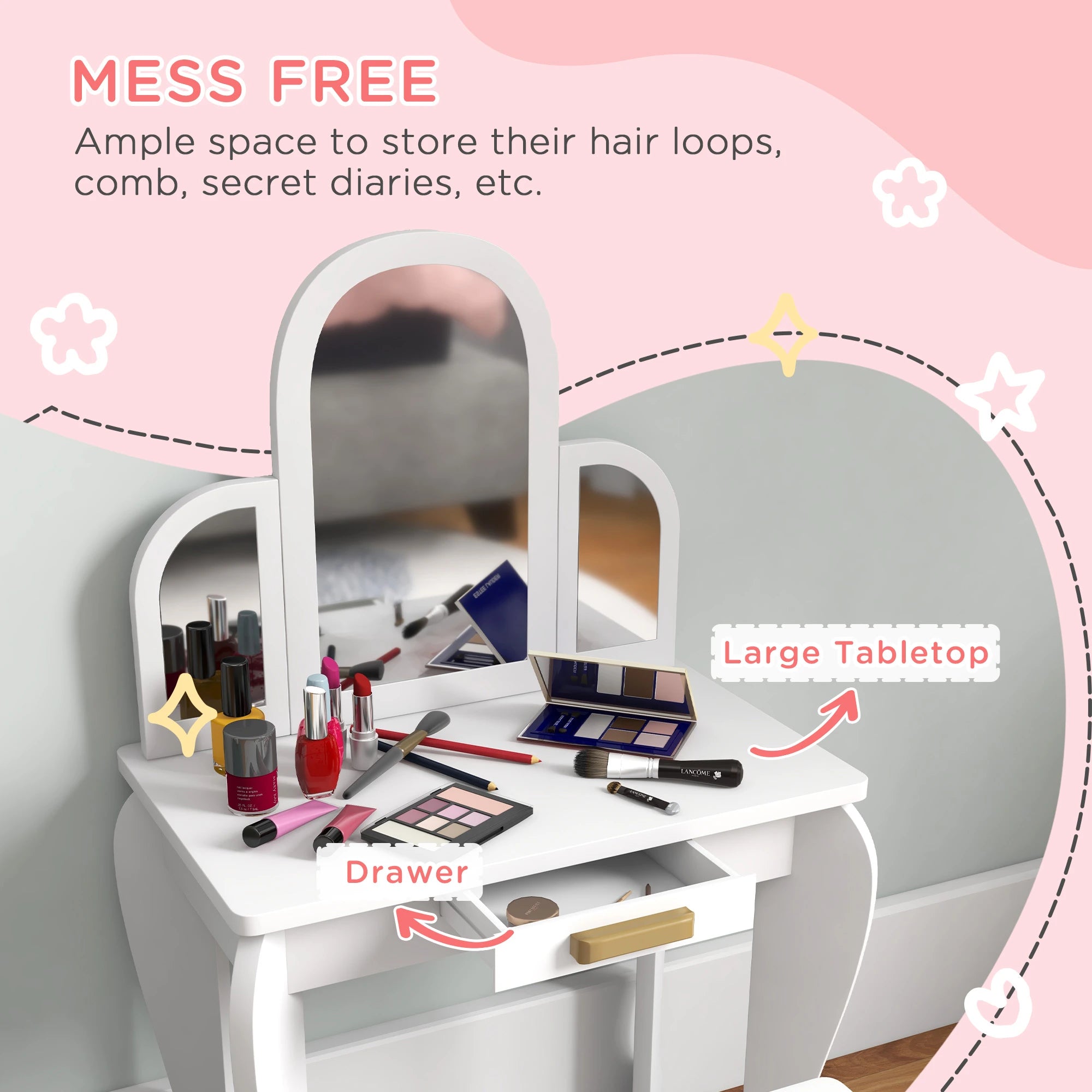 Kids Dressing Table and Chair Set, Makeup Desk with Drawer, White Toy Vanity at Gallery Canada