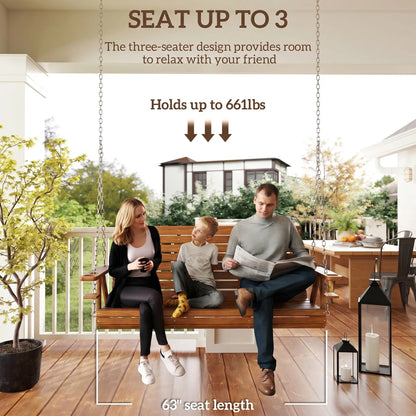 Carbonized Wooden 3-Seater Swing Bench with Cupholders Hanging Porch Swings at Gallery Canada