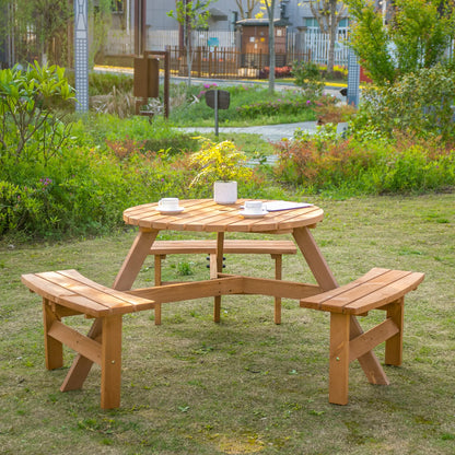 6 Person Round Picnic Table, Wood Patio Set with Umbrella Hole, Brown Outdoor Dining Sets at Gallery Canada