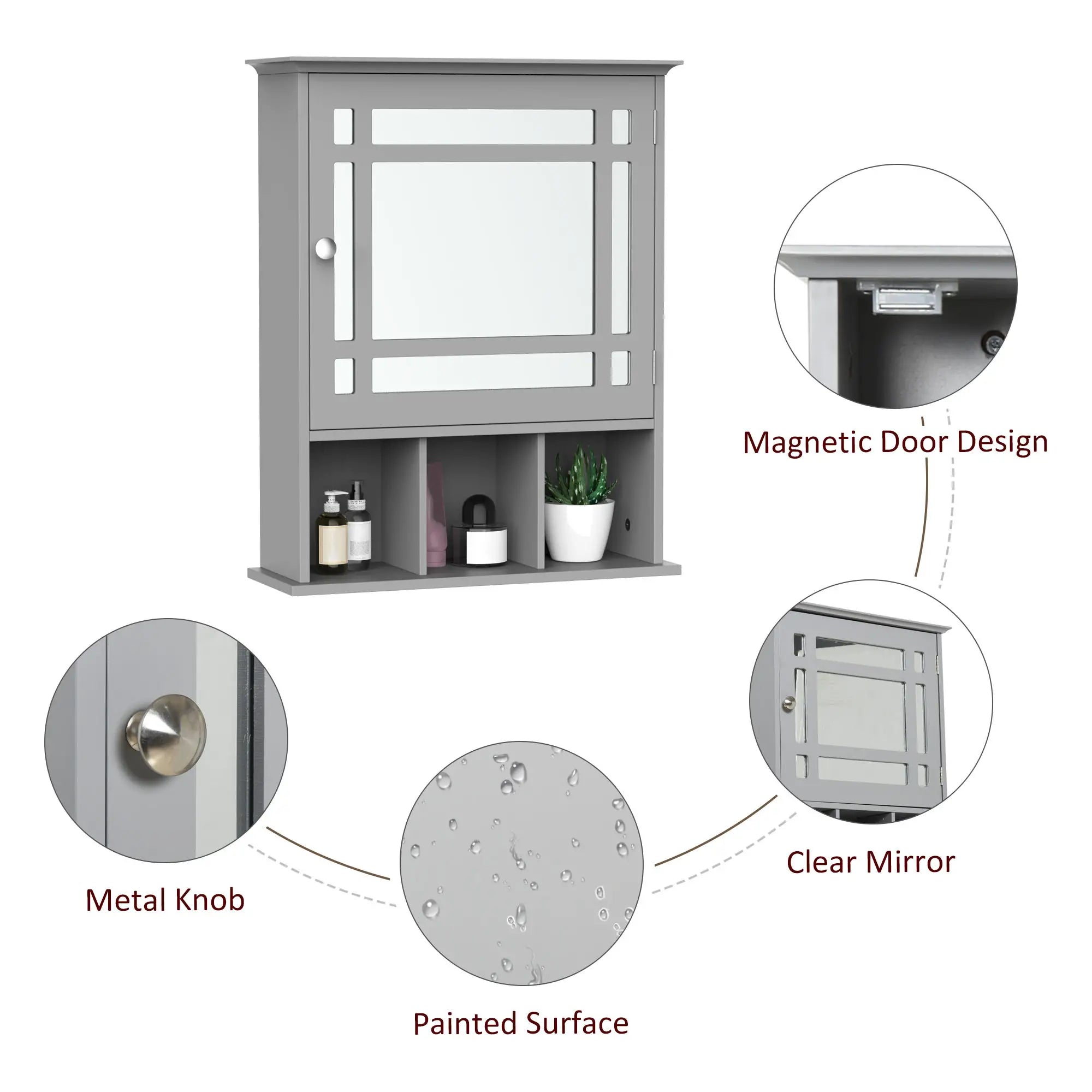Wall Mount Bathroom Cabinet with Mirror Door, 3 Shelf Organizer, Grey Mirror Medicine Cabinets at Gallery Canada