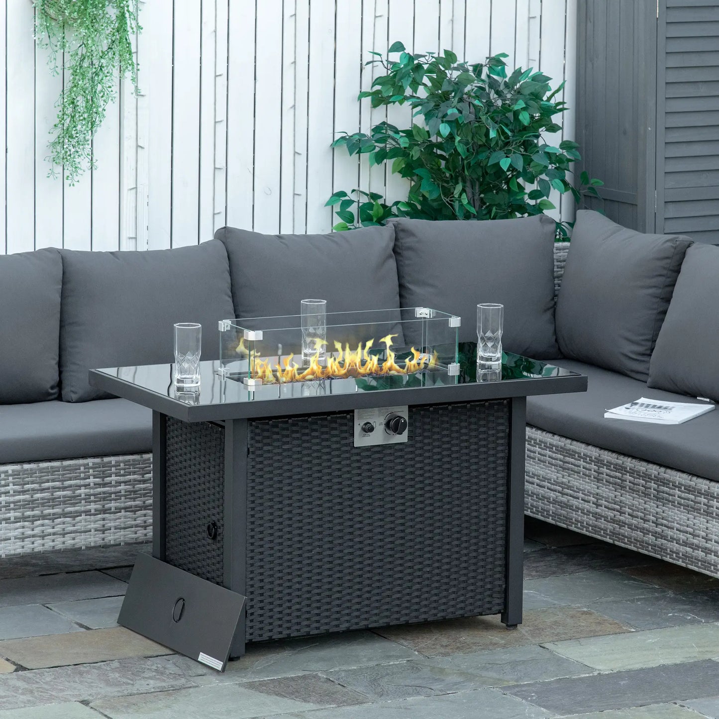 43in Propane Fire Pit Table, 50,000 BTU, Blue Glass Rock, Black Fire Pits at Gallery Canada