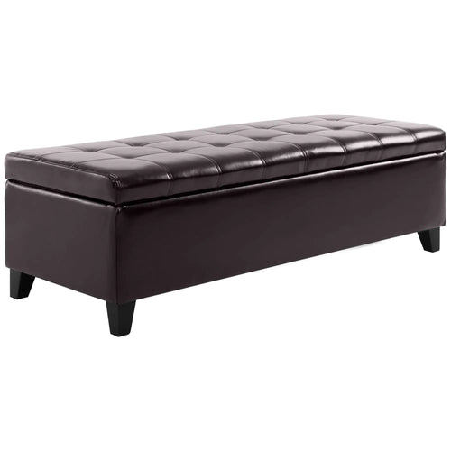 Storage Ottoman Bench, 51 Inches PU Leather, Solid Wood Legs, Brown