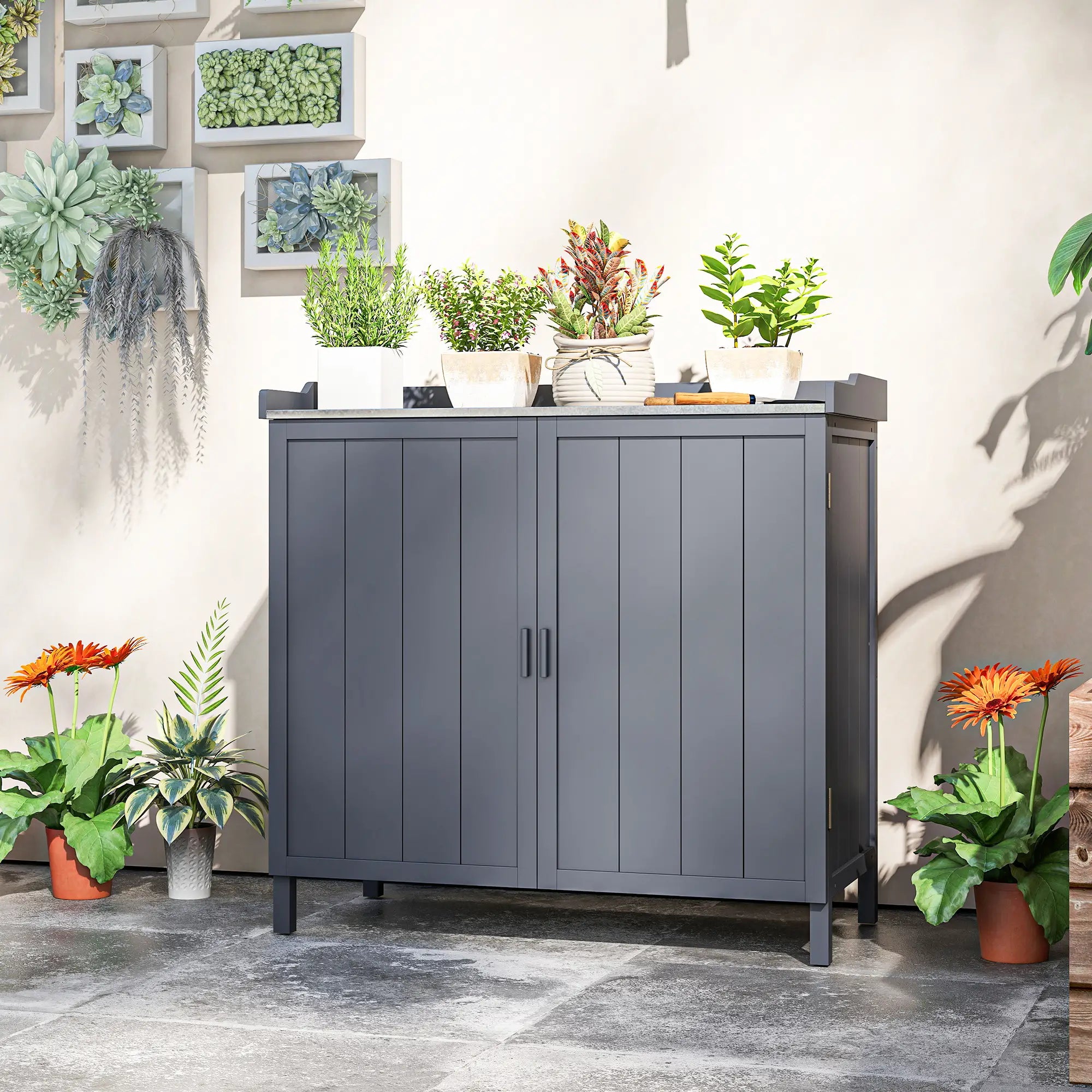 Outdoor Garden Storage Cabinet, Potting Bench with Galvanized Top, Grey Sheds at Gallery Canada