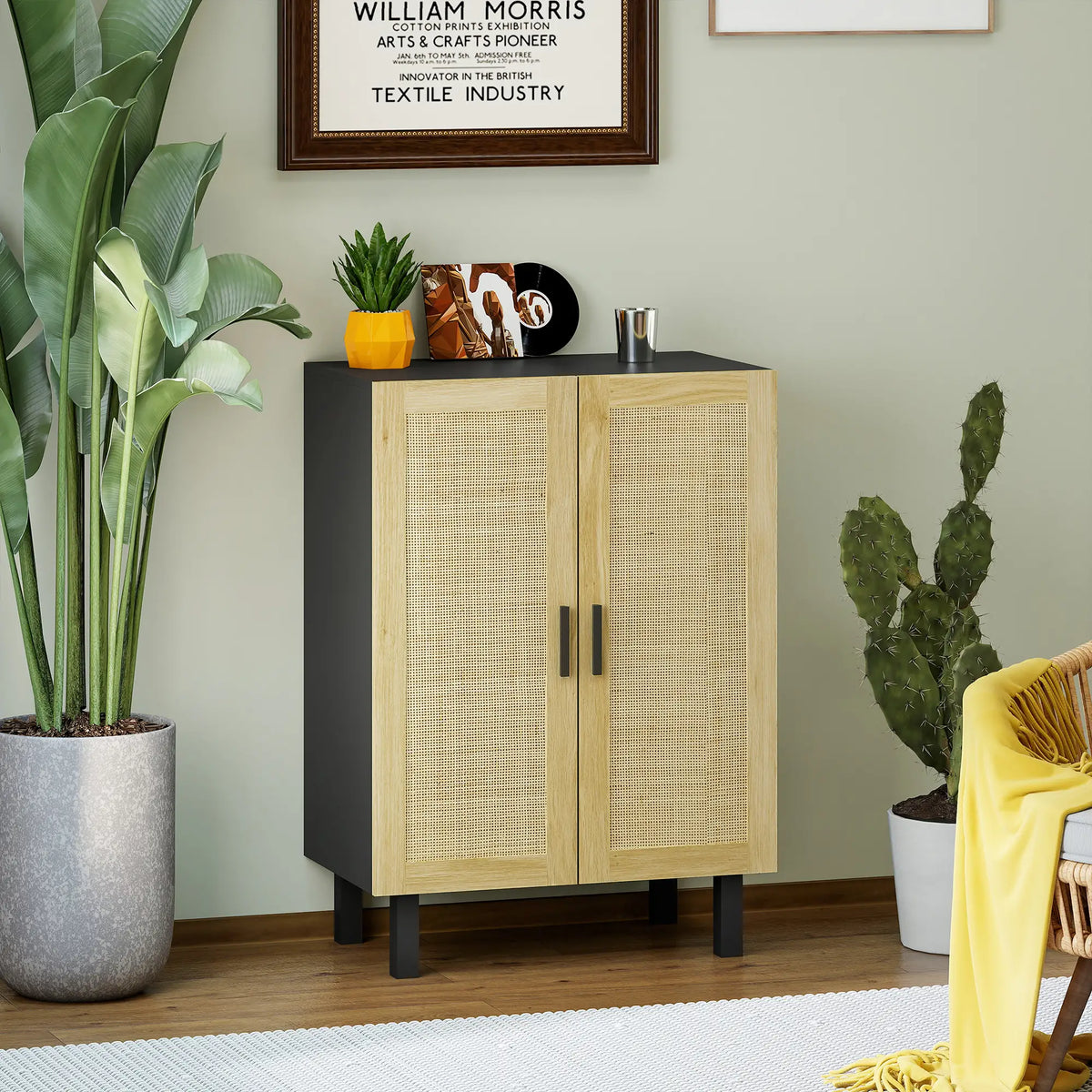 Boho Sideboard, Buffet Cabinet with Storage, 2 Rattan Doors, Black Storage Cabinets at Gallery Canada