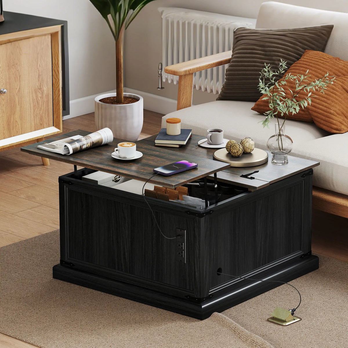 Lift Top Coffee Table, Square Farmhouse Center Table, Wood Grain, Black Coffee Tables at Gallery Canada