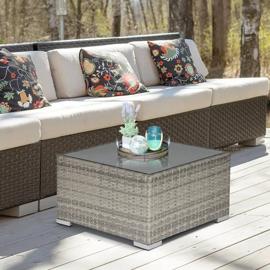 Rattan Garden Coffee Table, 25.6" Square, Tempered Glass Top, Grey Patio Side Tables Grey at Gallery Canada