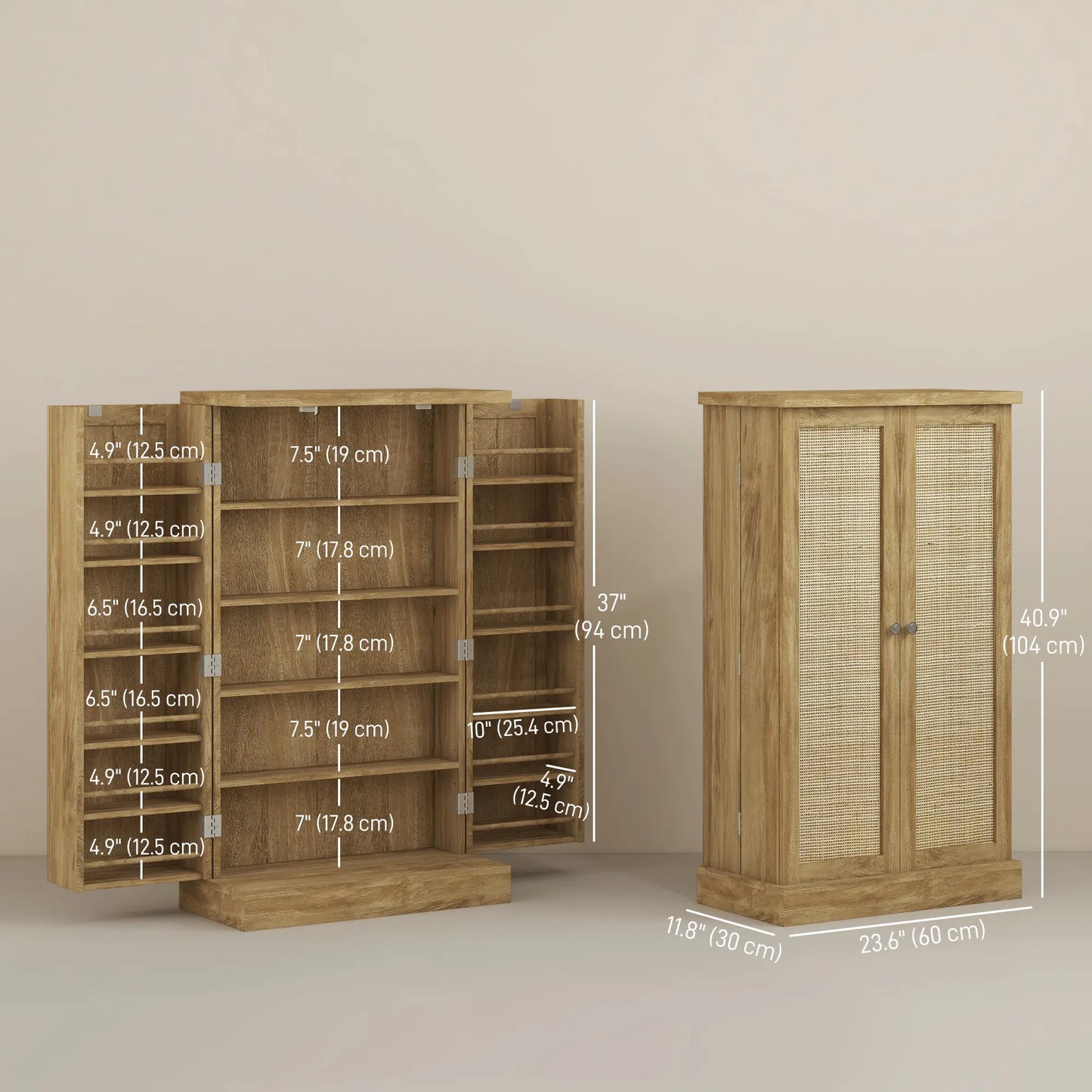 41" Rattan Kitchen Storage Cabinet, 5-Tier Shelf, 12 Spice Racks, Adjustable Shelves, Natural Kitchen Pantry Cabinets at Gallery Canada
