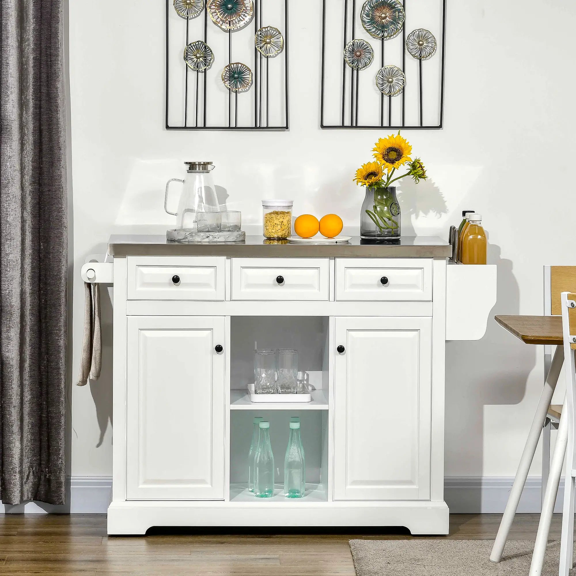 Kitchen Island on Wheels, Stainless Steel Top, Spice Rack, Drawers, White Kitchen Islands & Kitchen Carts at Gallery Canada