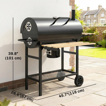 Charcoal BBQ Grill With Foldable Shelves, Warming Rack, Thermometer, Wheels
