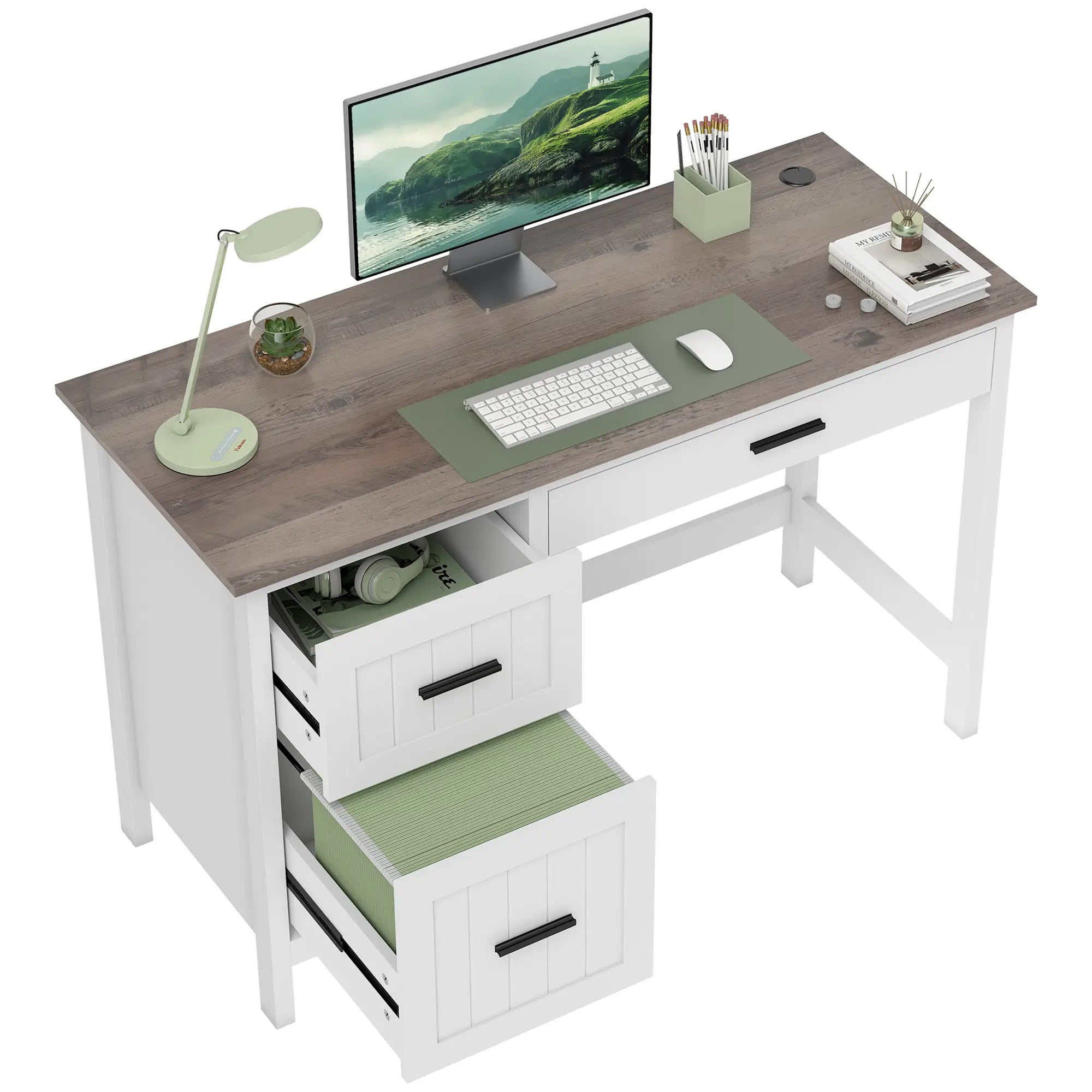 Farmhouse Computer Desk, 3 Drawers, Wood Grain Top, White Computer Desks at Gallery Canada