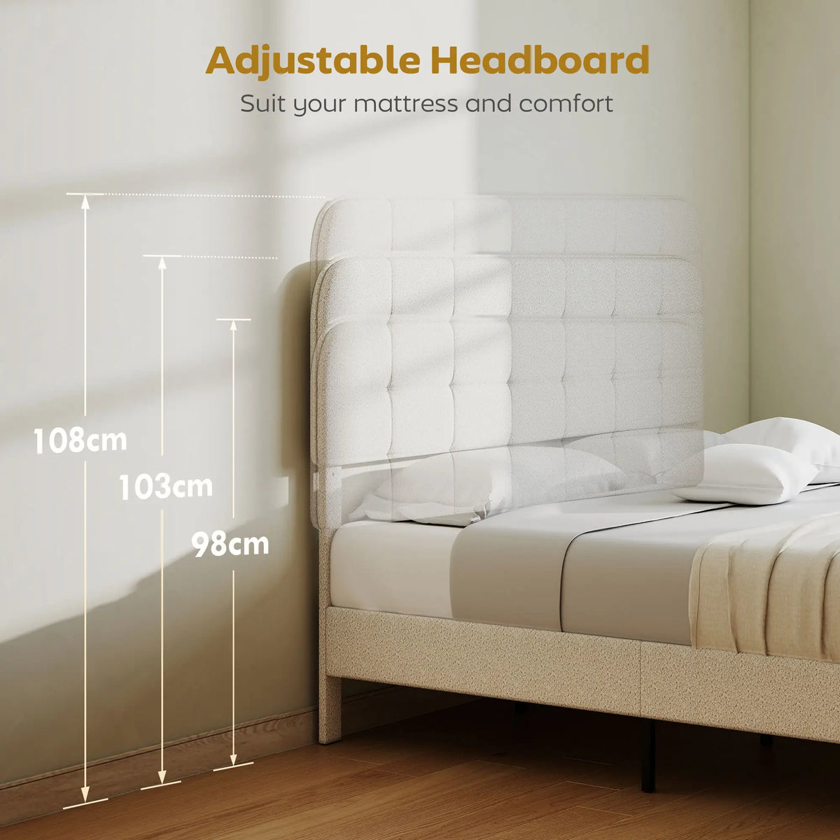 King Size Bed Frame, Adjustable Headboard, Upholstered Platform, White Bed Frames at Gallery Canada