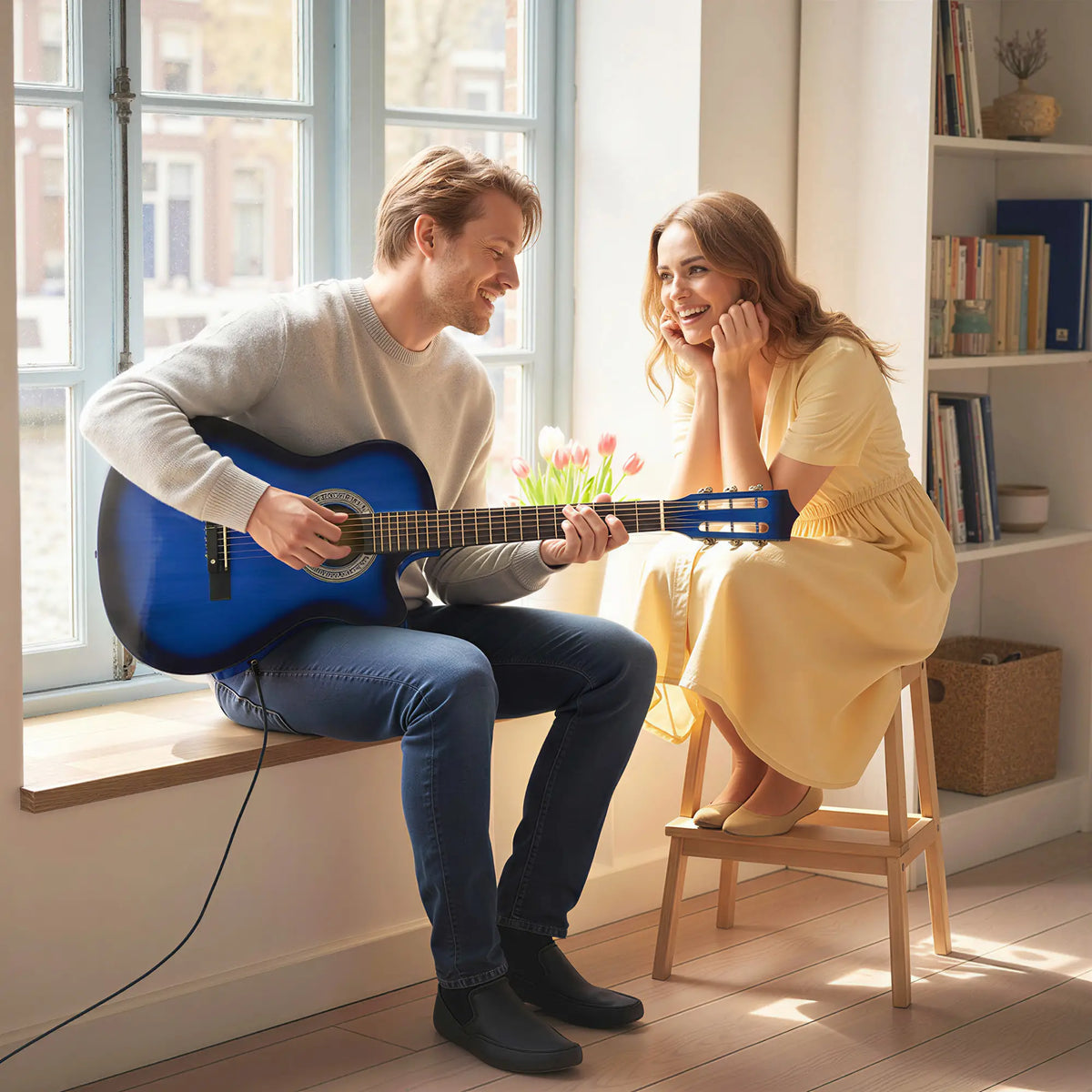 38 Inch Full Size Acoustic Electric Guitar, Gloss Finish, Blue Electronic Musical Pianos at Gallery Canada