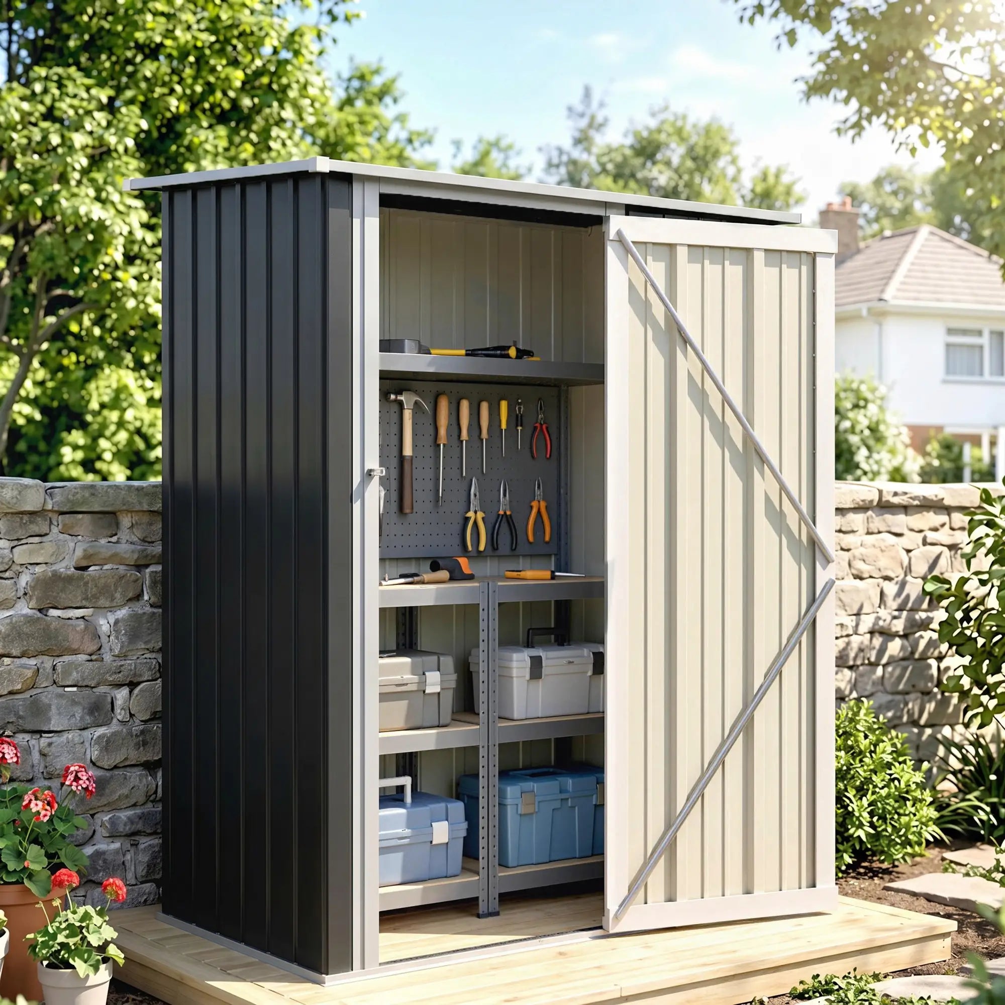 5 x 3ft Metal Garden Shed, Sloped Roof, Lockable Door, Grey Sheds at Gallery Canada