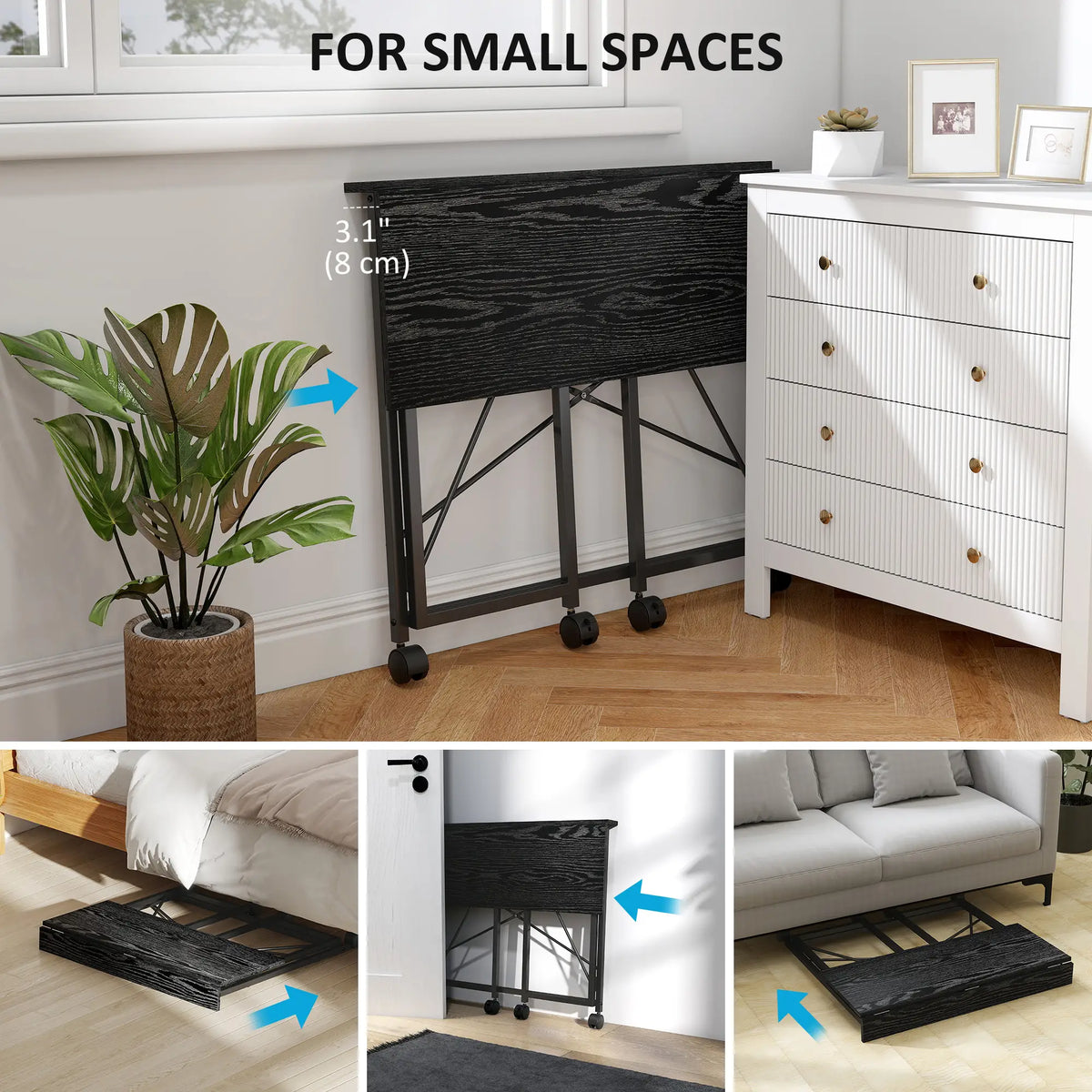 31.5" Folding Desk With Wheels, Black Wood Effect, Black Writing Desks at Gallery Canada