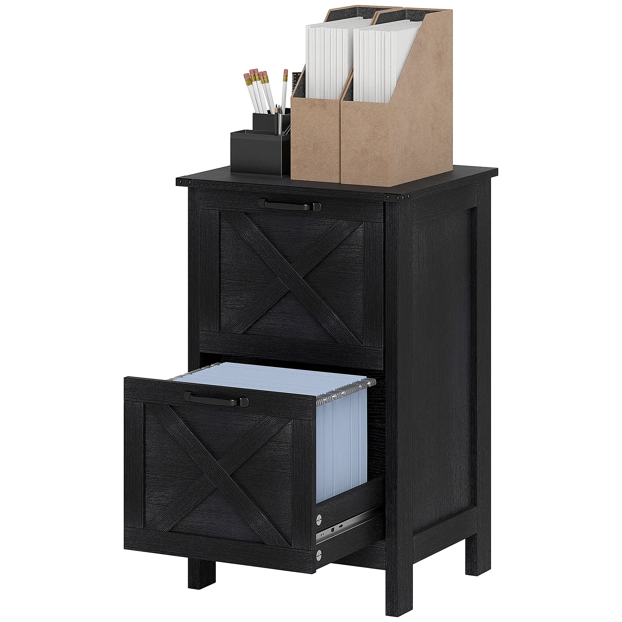 Vertical 2-Drawer Filing Cabinet, Rustic Farmhouse, A4 Letter Size, Distressed Black, Black Office Cabinets & Cupboards Distressed Black at Gallery Canada