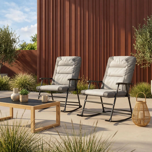 Folding Rocking Chair Set, 2 Padded Rockers with Armrest, Light Grey