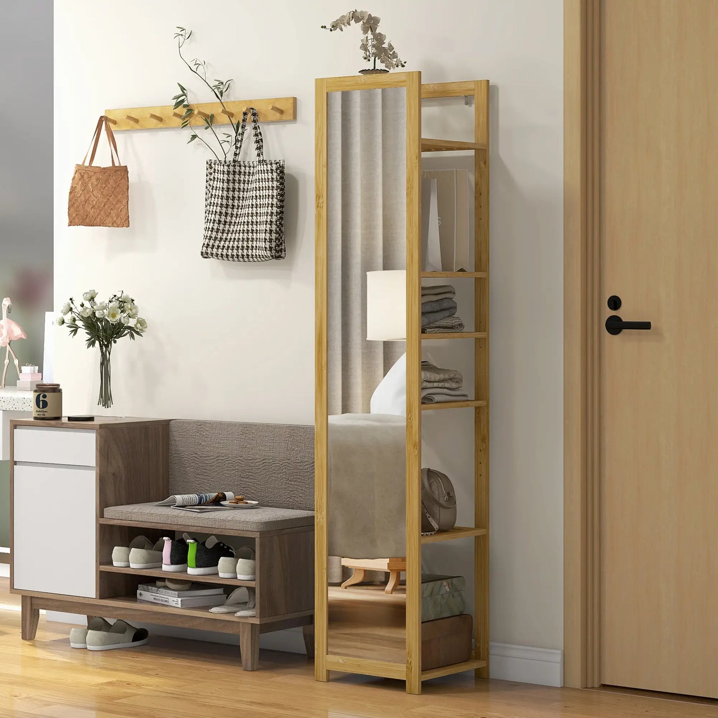 66" x 14" Standing Mirror, 6-Tier Shelf, Full Body Floor Mirror, Nature Wood Bathroom Cabinets at Gallery Canada