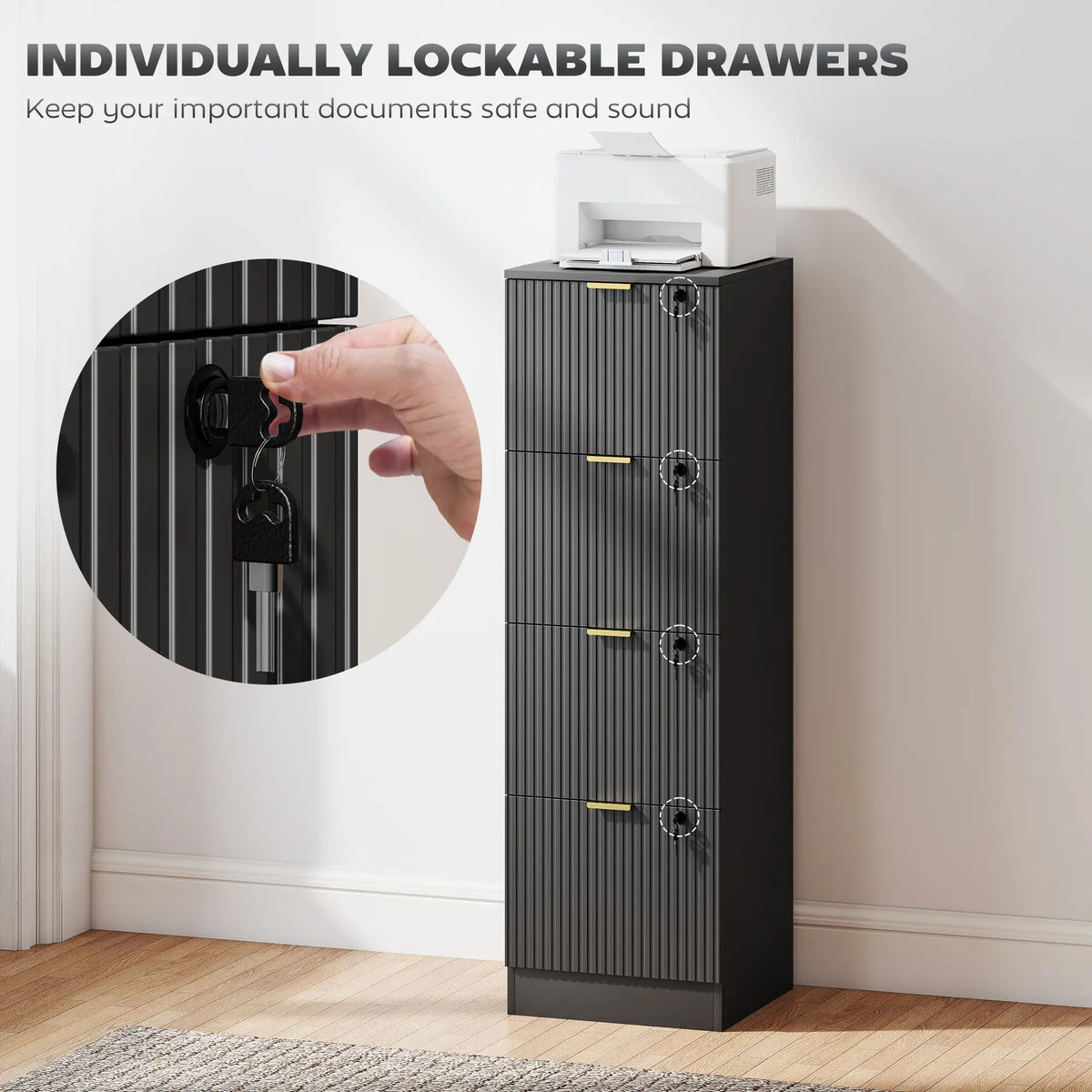 Lockable 4 Drawer Filing Cabinet, Adjustable Hanging Rails, Black Office Cabinets & Cupboards at Gallery Canada
