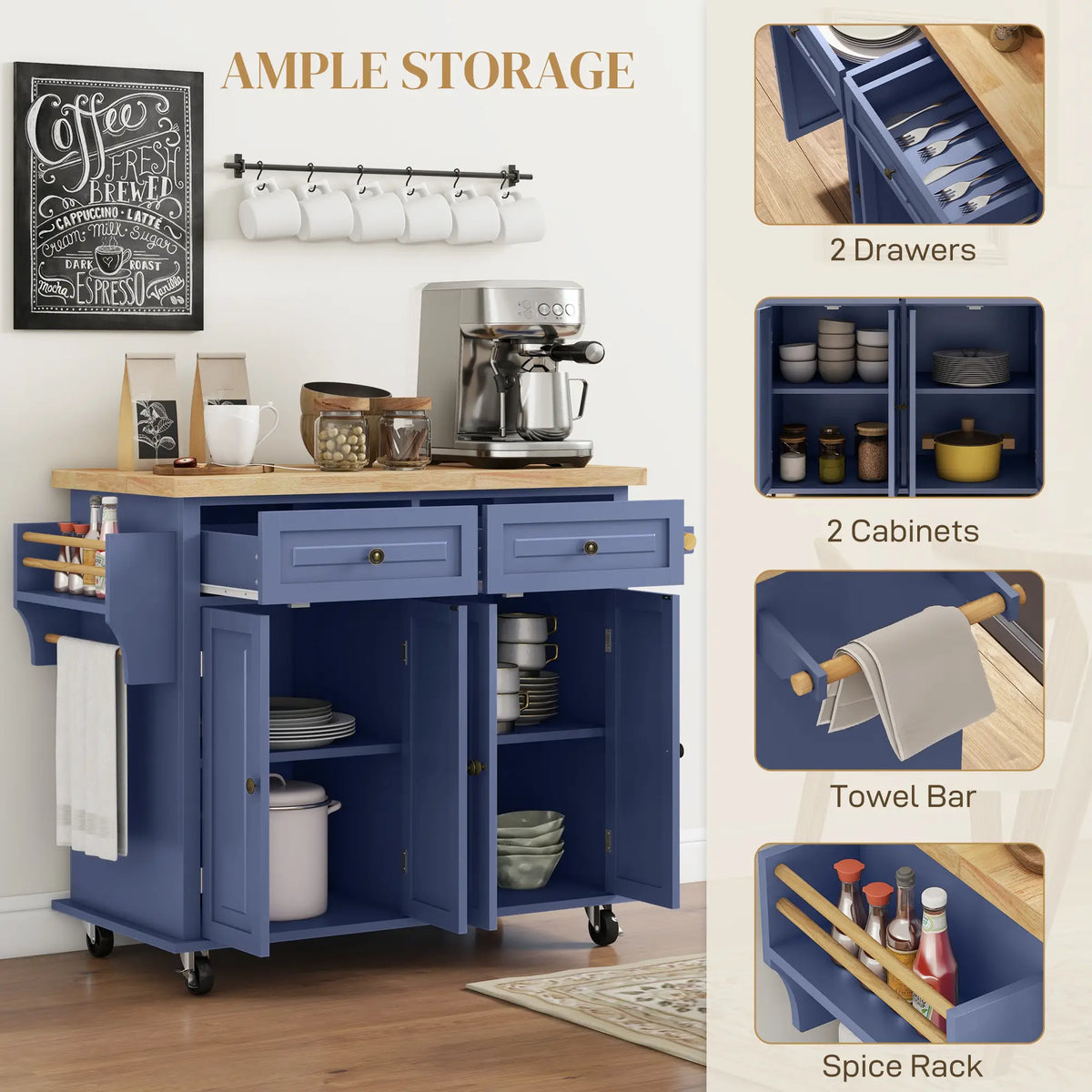 Kitchen Island with Storage, Rolling Cart, Rubber Wood Top, Navy Blue Kitchen Islands & Kitchen Carts at Gallery Canada