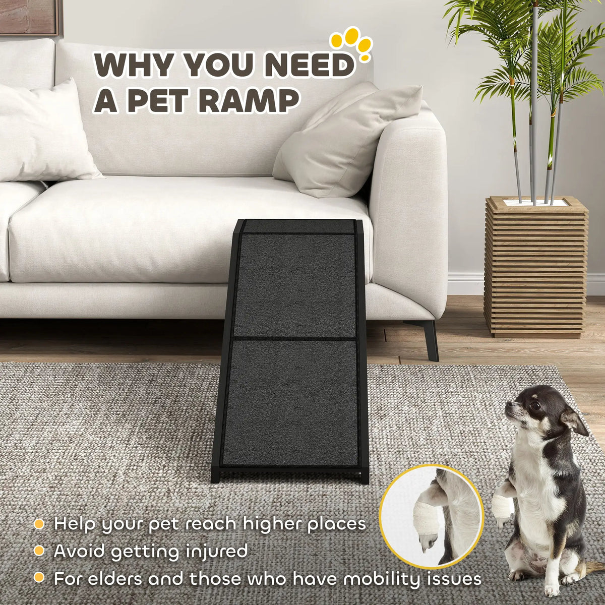 Pet Ramp Bed Steps, Non-Slip Carpet Top, Pine Wood, 59"L x 16"W x 20"H, Black Dog Stairs at Gallery Canada