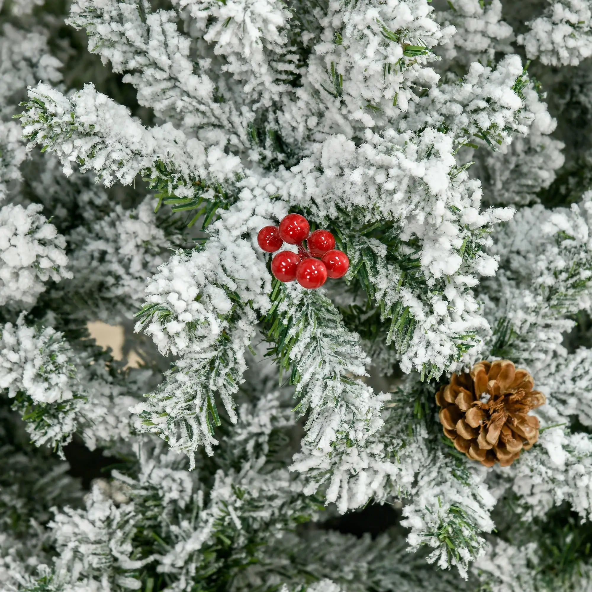 9-Foot Pencil Snow Flocked Artificial Christmas Tree, 1350 Pine Branches, Pine Cones, Red Berries, Auto Open, Green Pencil Christmas Trees at Gallery Canada