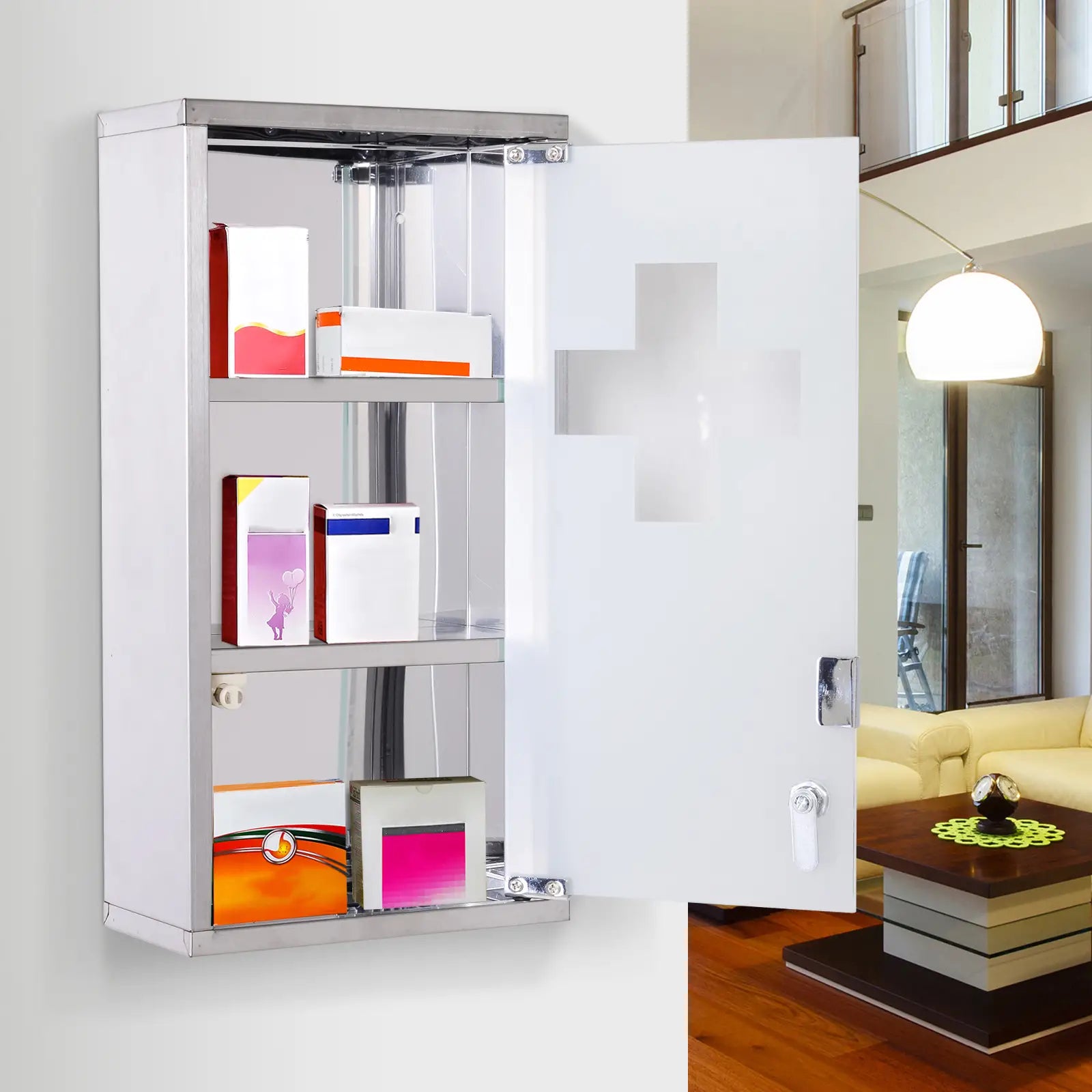 Wall Mount Medicine Cabinet, 2 Shelves, Steel Frame, Glass Door, Lockable, Stainless Mirror Medicine Cabinets at Gallery Canada