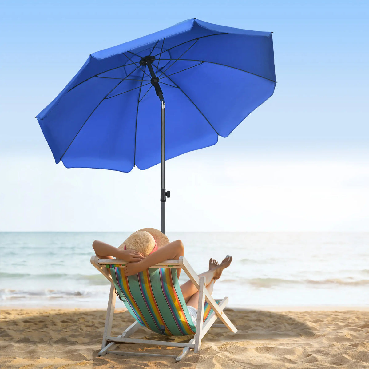 6ft Beach Umbrella, UV50+ Vented Canopy, Push Button Tilt, Blue Beach Umbrellas at Gallery Canada