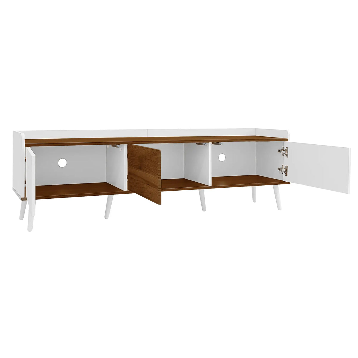 Three Door Stand, Sturdy Wooden Legs, 63" L x 15.5" W x 19.5" H, Natural, White TV Stands at Gallery Canada