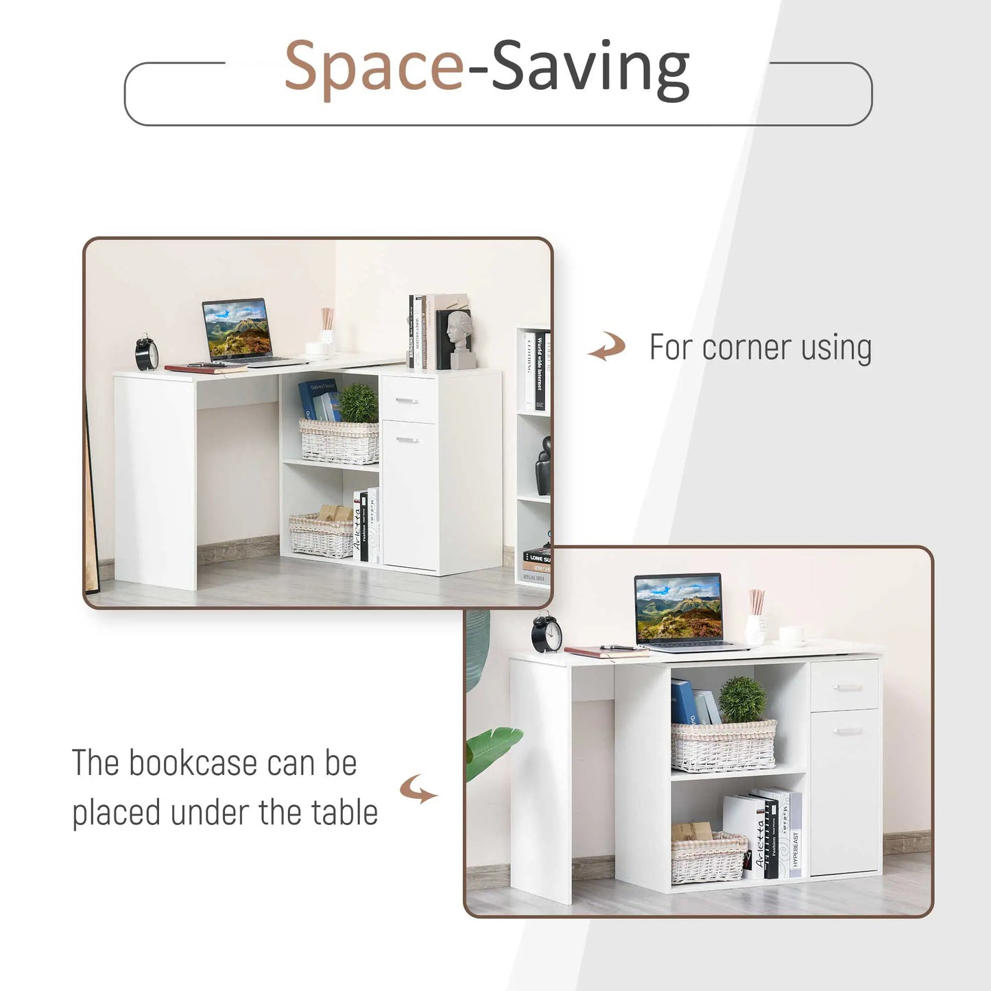 180° Rotating Corner Desk, Storage Shelf Cabinet, White Writing Desks at Gallery Canada