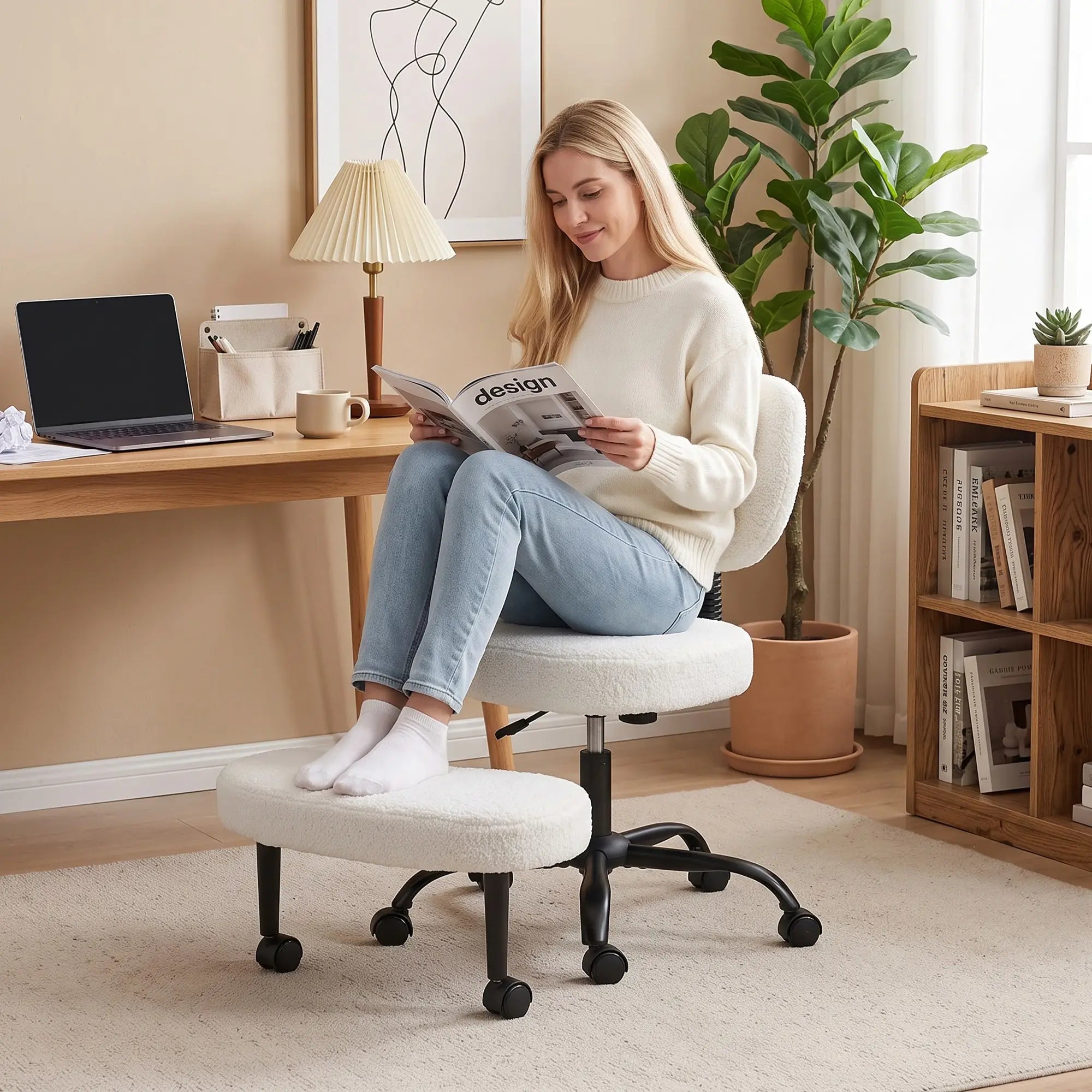 Ergonomic Cross Legged Office Chair, 360 Swivel, Cream Task Chairs at Gallery Canada