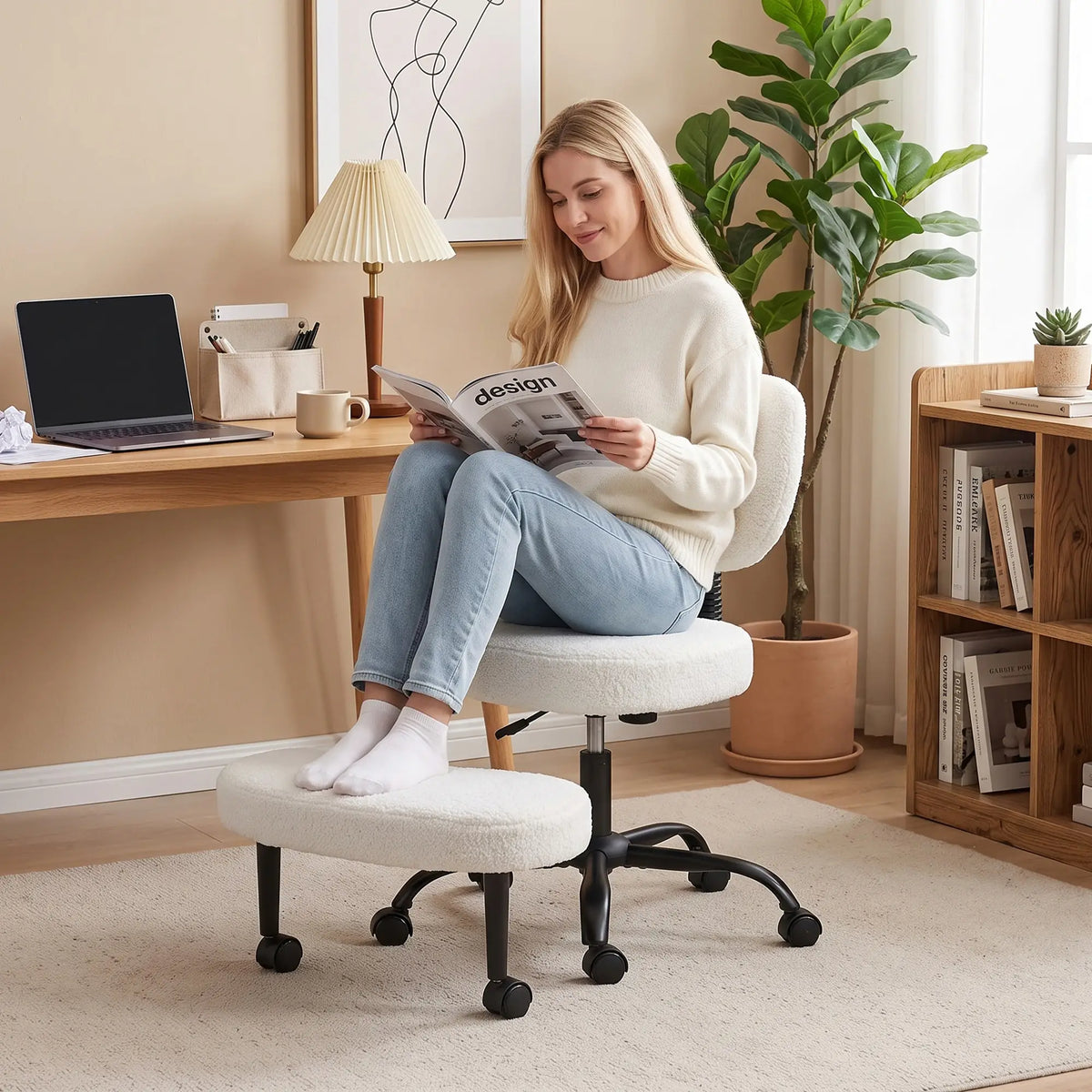 Ergonomic Cross Legged Office Chair, 360 Swivel, Cream Task Chairs at Gallery Canada