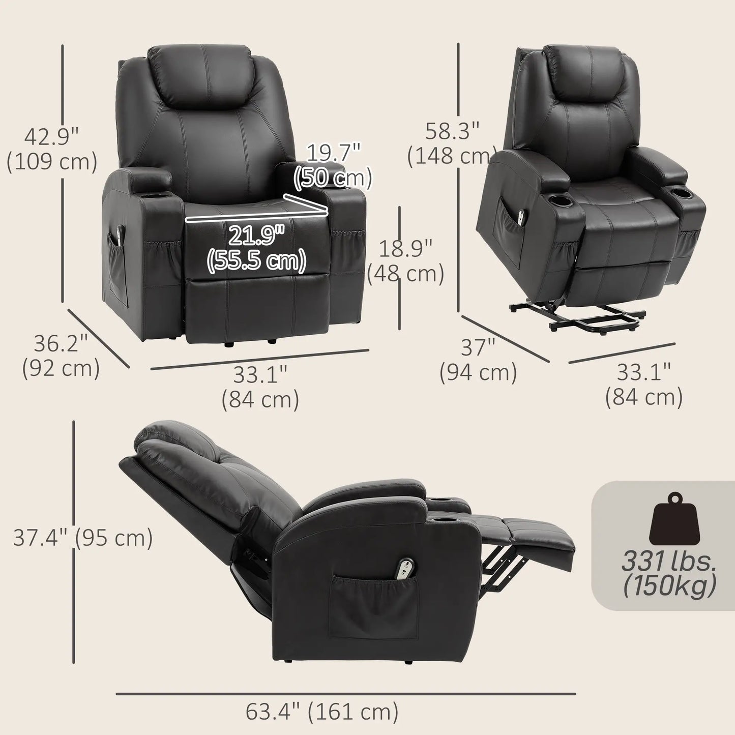Power Lift Recliner Chair, PU Leather, Remote Control, Black Electric Power Lift Chairs at Gallery Canada